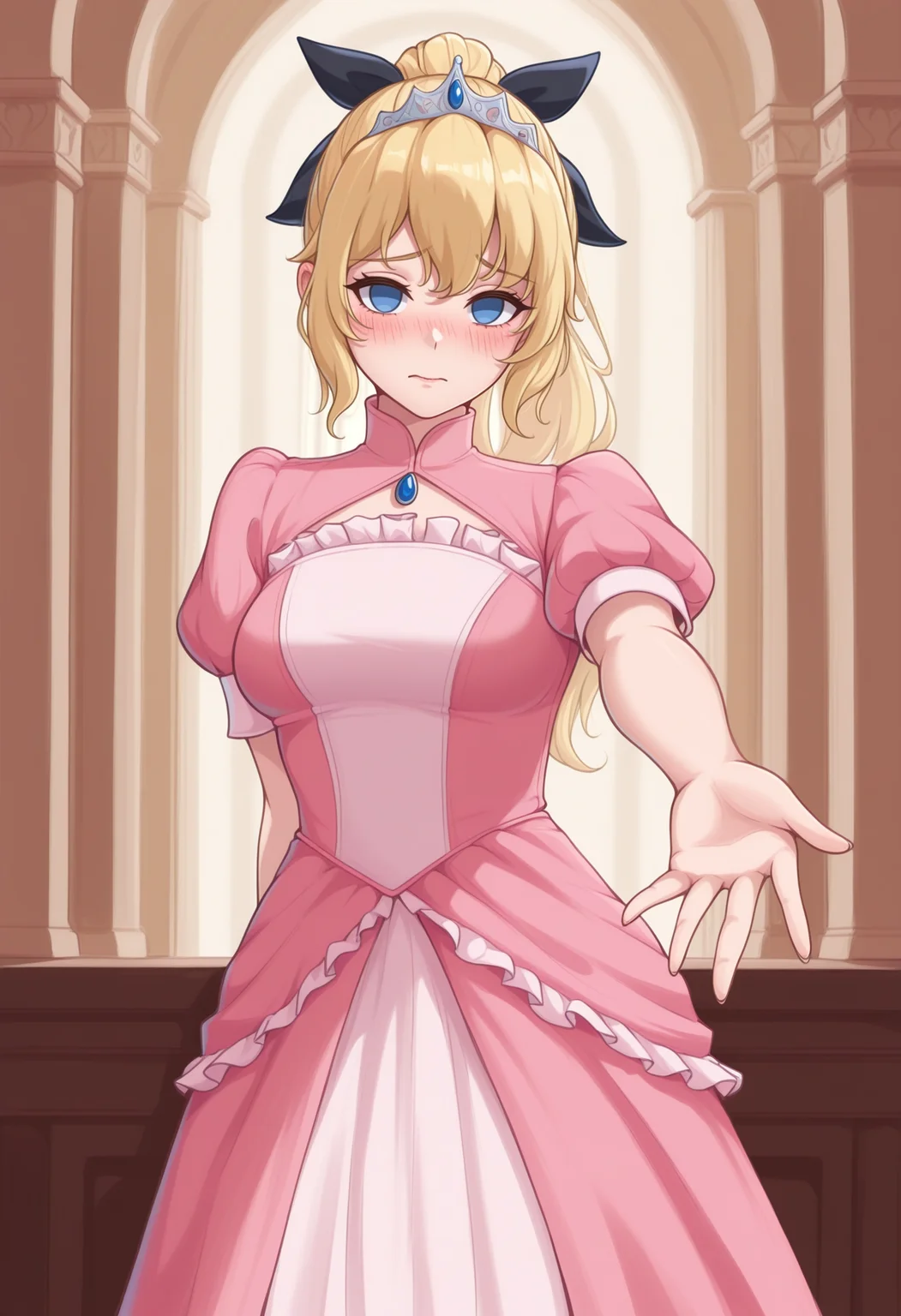 masterpiece, best quality, realistic, 1girl, solo, <lora:NSLillyKatawa:1> NSLillyMisc, blue eyes, blind, no pupils, blonde hair, long hair, ponytail, black ribbon, hair ribbon, pink dress, frills, puffy sleeves, short sleeves, blue ribbons, frills, tiara, princess, palace, indoors, leaning, blush, reaching towards viewer, embarrassed, outstretched arm