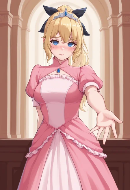 masterpiece, best quality, realistic, 1girl, solo, <lora:NSLillyKatawa:1> NSLillyMisc, blue eyes, blind, no pupils, blonde hair, long hair, ponytail, black ribbon, hair ribbon, pink dress, frills, puffy sleeves, short sleeves, blue ribbons, frills, tiara, princess, palace, indoors, leaning, blush, reaching towards viewer, embarrassed, outstretched arm