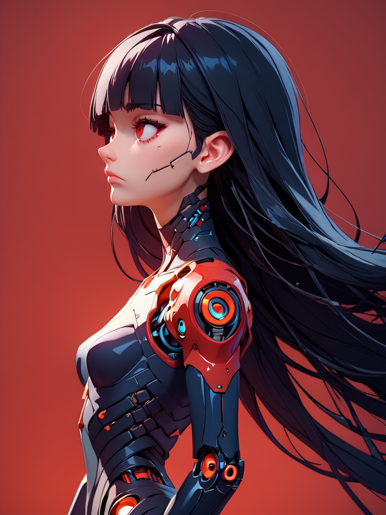 <lora:yousam-style-07:1> yousam-style ,3d render, 1girl, source_anime,  zPDXL, 1girl, solo, breasts, very long hair, bangs, simple background, black hair, red eyes, closed mouth, weapon, small breasts, blunt bangs, medium hair, from side, profile, floating hair, expressionless, red background, science fiction, android, cable, mechanical arms, cyborg, robot joints, mechanical parts, tube, spine, score_9, score_8_up, score_7_up,   ultra detailed,, <lora:Expressive_H:0.8> Expressiveh