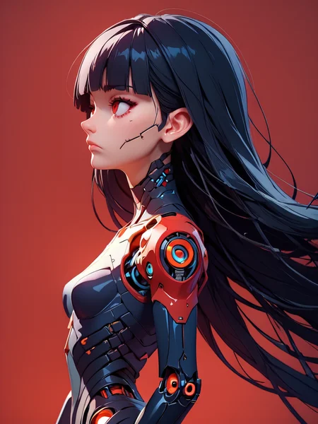 <lora:yousam-style-07:1> yousam-style ,3d render, 1girl, source_anime, zPDXL, 1girl, solo, breasts, very long hair, bangs, simple background, black hair, red eyes, closed mouth, weapon, small breasts, blunt bangs, medium hair, from side, profile, floating hair, expressionless, red background, science fiction, android, cable, mechanical arms, cyborg, robot joints, mechanical parts, tube, spine, score_9, score_8_up, score_7_up, ultra detailed,, <lora:Expressive_H:0.8> Expressiveh