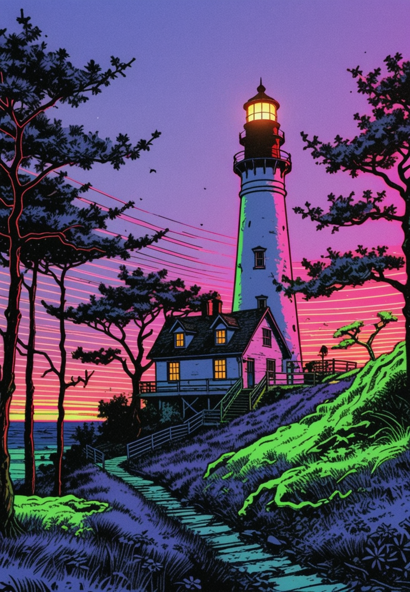 (epic:1.2), trending on artstation, (high quality:1.2), (masterpiece:1.2), high details, incredibly absurdres, colorful), (Ukiyo-e:1.16), (Outsider Art:1.36),  (Astrophotography:1.36), (linocut:1.17), (whimsical:1.17), (Fluxus:1.36), (macro shot:1.13) (Two-shot:1.33) (2/3_front:1.16) ,, (location:(forest:1.19) (savannah:1.31),(lighthouse:1.33)),(color scheme:(periwinkle, pink and lime:1.24) (purple theme:1.21) (green theme:1.24),(analogous colors:0.42) (neon palette:1.33) (vignetting:0.42)),