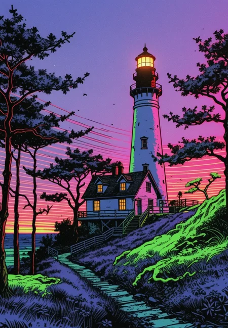 (epic:1.2), trending on artstation, (high quality:1.2), (masterpiece:1.2), high details, incredibly absurdres, colorful), (Ukiyo-e:1.16), (Outsider Art:1.36),  (Astrophotography:1.36), (linocut:1.17), (whimsical:1.17), (Fluxus:1.36), (macro shot:1.13) (Two-shot:1.33) (2/3_front:1.16) ,, (location:(forest:1.19) (savannah:1.31),(lighthouse:1.33)),(color scheme:(periwinkle, pink and lime:1.24) (purple theme:1.21) (green theme:1.24),(analogous colors:0.42) (neon palette:1.33) (vignetting:0.42)),