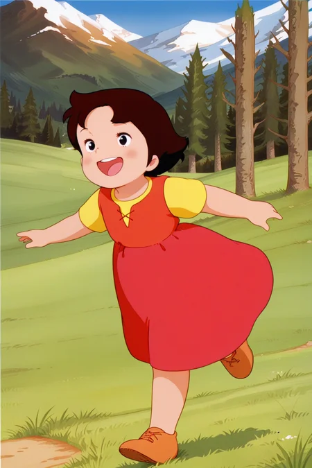 masterpiece, best quality, amazing quality, absurdres, alpsheidi, brown hair, solo, smile, open mouth, running, yellow shirt, red dress, outdoors, mountains, pine trees, field, grass, retro artstyle