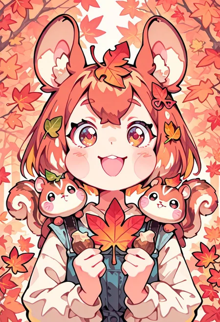 1 girl , solo , squirrel on shoulder , leaf on hair , maple leaf , autumn leaf ,squirrel ear , happy , upper body , holding nuts , stuffed cheeks , cute ,
masterpiece, best quality ,amazing quality ,S4bit4mago_illu , Protoneon  ,s0wasow4rt_illu,