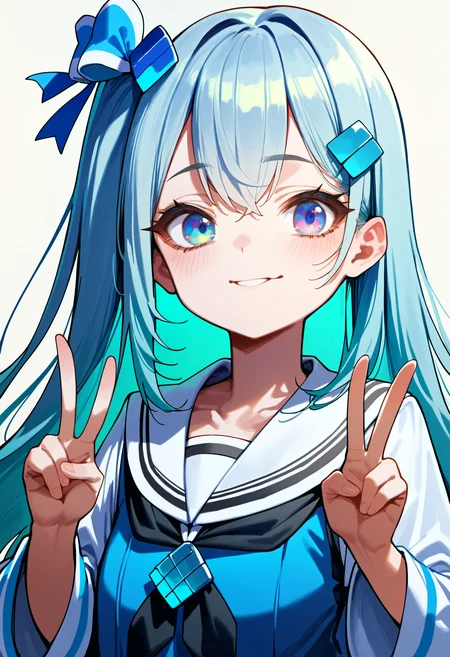 score_9, source_anime, score_8_up, score_7_up,simple background,white background,<lora:madobev1-000040:0.8> madobev1,portrait,upper body,v sign,pale cyan hair,multicolored eyes, one side up,serafuku, hair ornament, hair bow,black neckerchief,