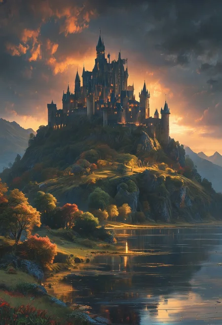 A captivating night scene illustration featuring a beautiful castle on a large hill overlooking a lake in the highlands of Scotland. The castle is ancient but well maintained and updated and comfortable to live in. This enchanting artwork captures a serene and peaceful early morning, where the sun is just starting to rise over the beautiful highlands and castle which stands resolute amidst highlands, creating a cinematic experience., illustration, cinematic
<lora:DonM3t3rn1tyXL-v1.1:0.7>, DonM3t3rn1tyXL,
OverallDetailXL <lora:MJ52:0.3> <lora:SDXLFaeTastic2400:0.4> <lora:EpicF4nta5yXL:0.7>