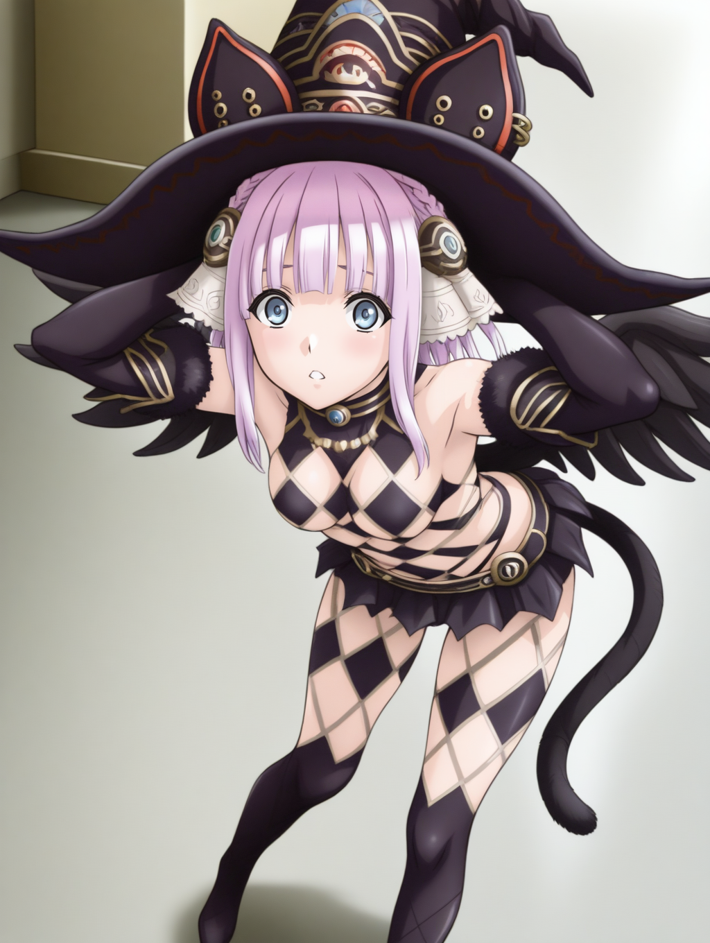 perfect quality,best quality,absolutely eye-catching,ambient occlusion,raytracing BREAK
1girl,<lora:miki fioremiki IL v1.1-000004:1>,fioremiki,pink hair,hair ornament,blue eyes,witch hat,argyle,elbow gloves,revealing clothes,miniskirt,black wings,cat tail,argyle legwear,, from above, looking at viewer,medium_shot,leaning_forward,raytracing,arms_behind_head,standing_split,_leg_up,