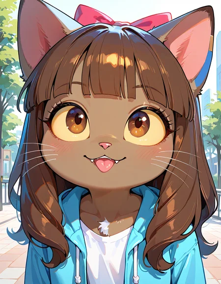 masterpiece, best quality, very aesthetic, absurdres,
outdoors, casual, 
headshot, face focus, happy, tongue out, posing, 
parted lips, long eyelashes, fangs, 
 <lora:Ivy_Pepper_v01_NAIXL:1>
1vyP3pp3r,1girl,solo,furry,furry female,cat girl,cat ears,brown hair,hair bow,long hair,blunt bangs,brown eyes,yellow sclera,animal nose,whiskers,body fur,
