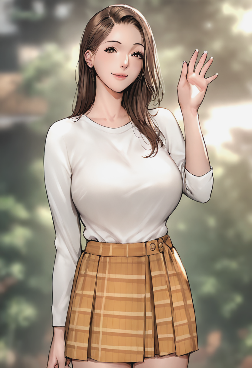 source_anime, score_9, score_8_up, score_7_up, 1girl, mature_female, large_breasts, portrait, solo, Standing with one hand waving, sideways, (Yellow-orange Kilt), Chestnut Brown hair, cropped_legs, rating_safe, <lora:pony\artist_styles\scarlett_ann_pony:0.9>