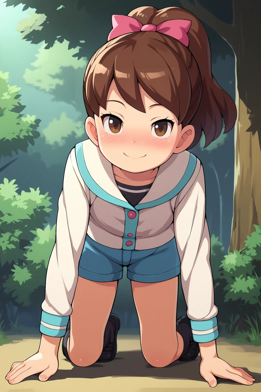 score_9, score_8_up, score_7_up, score_6_up, BREAK, KatieYWPXL, brown eyes, brown hair, short hair, bangs, high ponytail, hair ribbon, pink ribbon, flat chest, serafuku, white jacket, striped shirt, blue shorts, short shorts, black socks, loose socks, black shoes, solo, full body, all fours, seductive smile, looking at viewer, naughty face, nose blush, forest, tree <lora:KatieYWPXL:1>