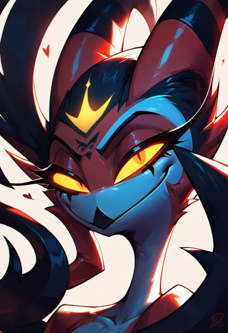 masterpiece, score_9, score_8_up, score_7_up, score_6_up, score_5_up, best quality, ultra-detailed, high resolution, solo, highly detailed portrait, blitzo, from helluva boss, imp demon, close-up, sharp smile, red skin, long horns, black stripes, glowing yellow eyes, mischievous expression, ((focus on face)), sharp focus, perfect lighting, dark background, high contrast, high detail, expressive face, smooth shading, shiny skin