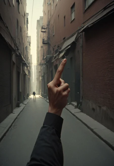 fpv, Fist Person View, seeing hands that swinging katana weapon Blade, glitched Head sliced Pommes Guy infront, sunlight, Back alley 1980s,