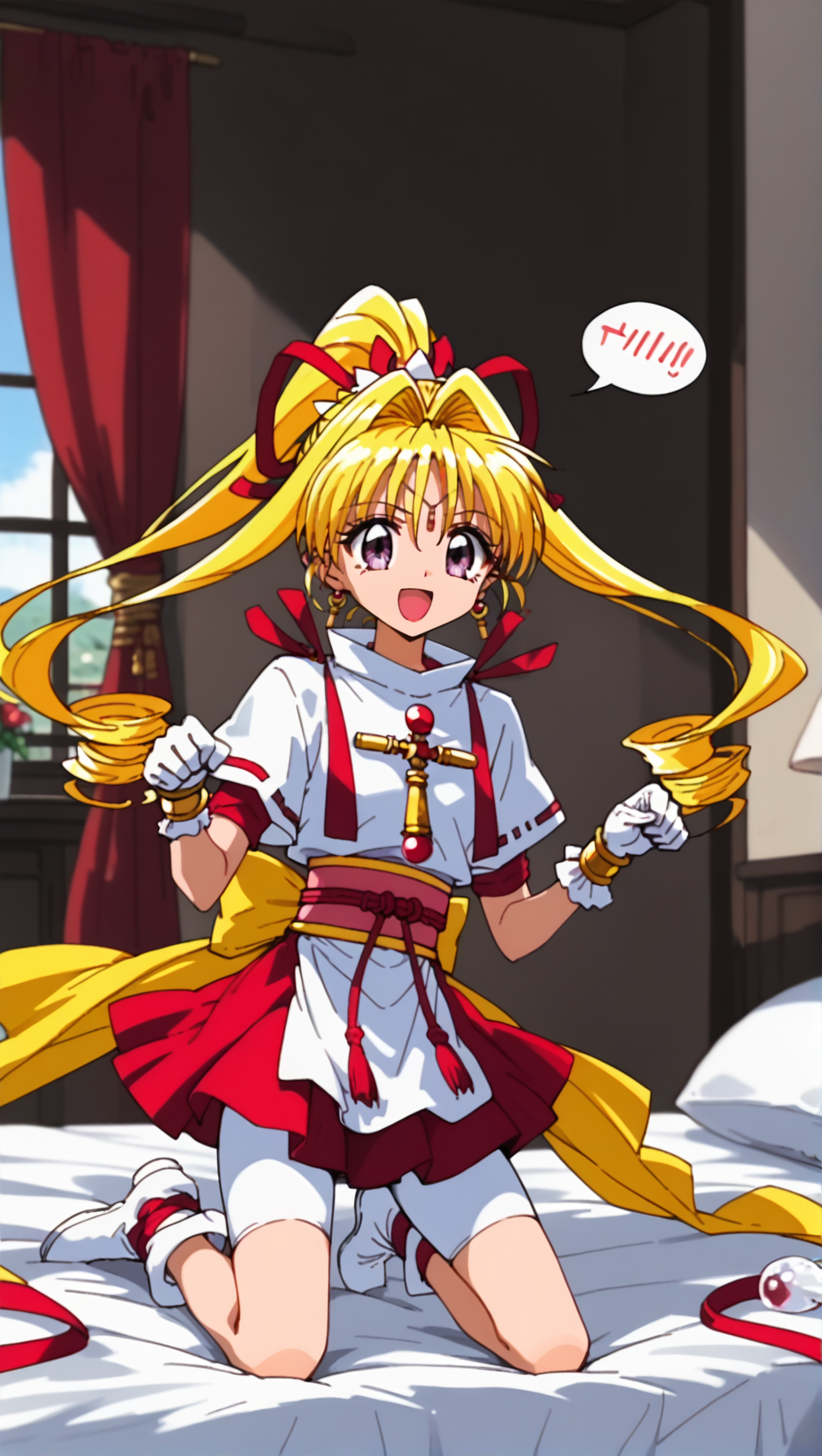 Solo, cute, score_9, score_8_up, score_7_up, KKJs2, artist A style, normal outfit, purple eyes, blonde hair, very long hair, high twintails, high ponytail, drill hair, red hair ribbon, forehead jewelry, earrings,white top, standing collar, red accents, red inner sleeves, red shoulder decorations, short sleeves, cross ornament on chest, gold bracelet, white gloves, red and yellow sash, red rope with tassels, large yellow bow at the back,Layered skirt, red skirt, white apron, white compression shorts, white boots, red crisscross ribbons, on the bed, kneeling, paw pose, open mouth, spoken word