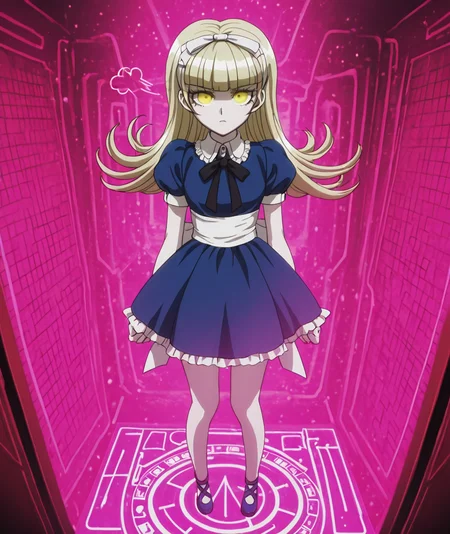 masterpiece, best quality, absurdres, <lora:anime_screencap-IllustriousV2:1>, anime screencap, anime coloring, 2d, anime style ,   This anime screencap is from Danganronpa the Animation.  , <lora:Devil_Survivor_Megaten_Megapack:1> , Straight-on , Fisheye , sigh  , 1girl,alice_(megami_tensei),blonde_hair,blue_dress,blunt_bangs,bow,demon_(megami_tensei),dress,eyelashes,flipped_hair,hair_ribbon,hairband,long_hair,megaten,puffy_sleeves,ribbon,shin_megami_tensei,short_sleeves,solo,yellow_eyes, shoes, blue_shoes , video_game_arcade, retro_gaming_machines, fighting_game_cabinets, rhythm_game_stations, high_score_displays_frozen, demon_summoning_game_prototypes, magical_girl_themed_arcade_games, pink_energy_power_sources, transformation_gaming_booth, costume_unlock_achievements, magical_enhancement_upgrades, supernatural_gaming_tournament_aftermath, reality_simulation_chambers, dimensional_gaming_portals