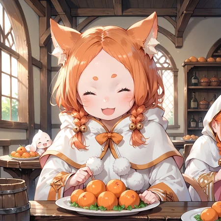 score_9, score_8_up, score_7_up, source_anime, 1girl,(ultra HD quality details), anime, mimipearl, white robe, hooded capelet, sleeves past wrists, tail, pom pom \(clothes\), sitting at table, huge plate with a pile of dumplings, eating dumplings, eyes closed, happy, bliss, delicious, :3, (detailed image, high resolution, 5k resolution:1.0), medieval tavern, sunset lighting