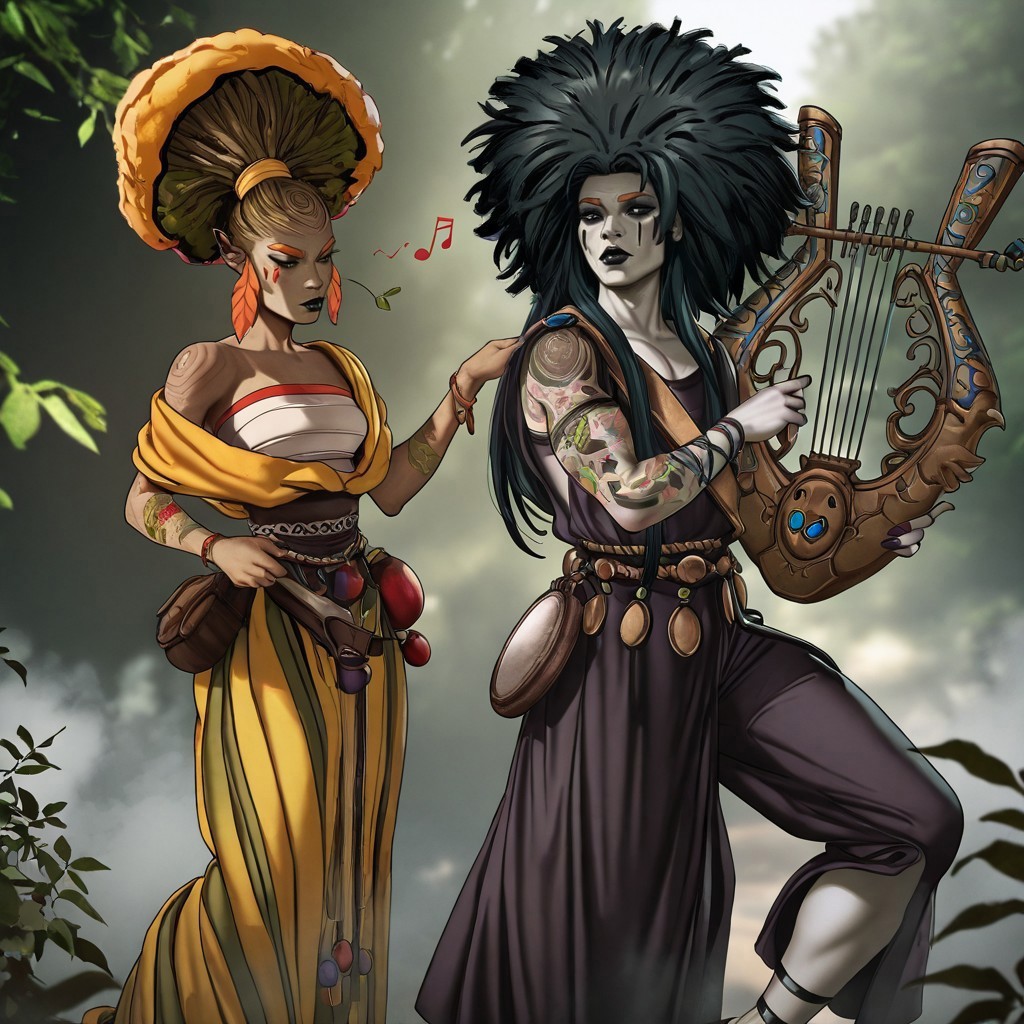 masterpiece, best quality, newest, absurdres, highres, anime, anime style, dandon_fuga,, ORPH&EURY-V1.1, duo, duo focus, Dynamic-Duo-Pose-IL.V1.0, Duo, Duo focus, dynamic duo, dynamic pose, pose,

1girl, EURY-V1.1, tree, tree on head, tree hair, plant girl, plant hair, orange eyebrows, plant humanoid, dryad, jewelry, yellow hair, tattoo, anklet, sarashi, 

BREAK 

1boy, ORPH-V1.1, black hair, afro, makeup, pale, pale skin, purple fingernails, eyeshadow, nail polish, long hair, jewelry, black lips, facial mark,

harp (instrument), harp, instrument, playing instrument, music note,