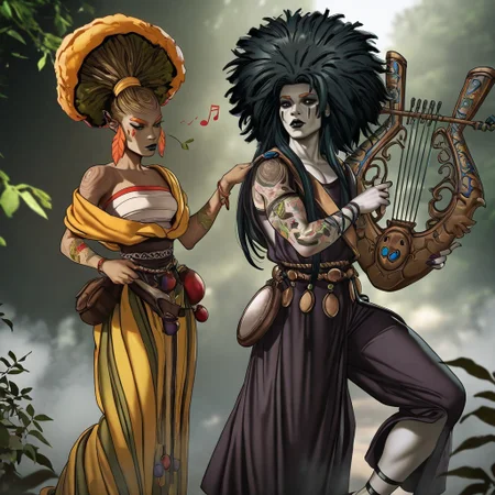 masterpiece, best quality, newest, absurdres, highres, anime, anime style, dandon_fuga,, ORPH&EURY-V1.1, duo, duo focus, Dynamic-Duo-Pose-IL.V1.0, Duo, Duo focus, dynamic duo, dynamic pose, pose,
1girl, EURY-V1.1, tree, tree on head, tree hair, plant girl, plant hair, orange eyebrows, plant humanoid, dryad, jewelry, yellow hair, tattoo, anklet, sarashi,
BREAK
1boy, ORPH-V1.1, black hair, afro, makeup, pale, pale skin, purple fingernails, eyeshadow, nail polish, long hair, jewelry, black lips, facial mark,
harp (instrument), harp, instrument, playing instrument, music note,