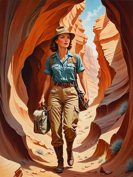 Illustration. 1940s airbrush painting.

A female archaeologist, emerging from a slot canyon, carrying a canvas pack.

<lora:PinupGirl01e_CE_XL_300-OT:0.4> pnpgrlCE_style