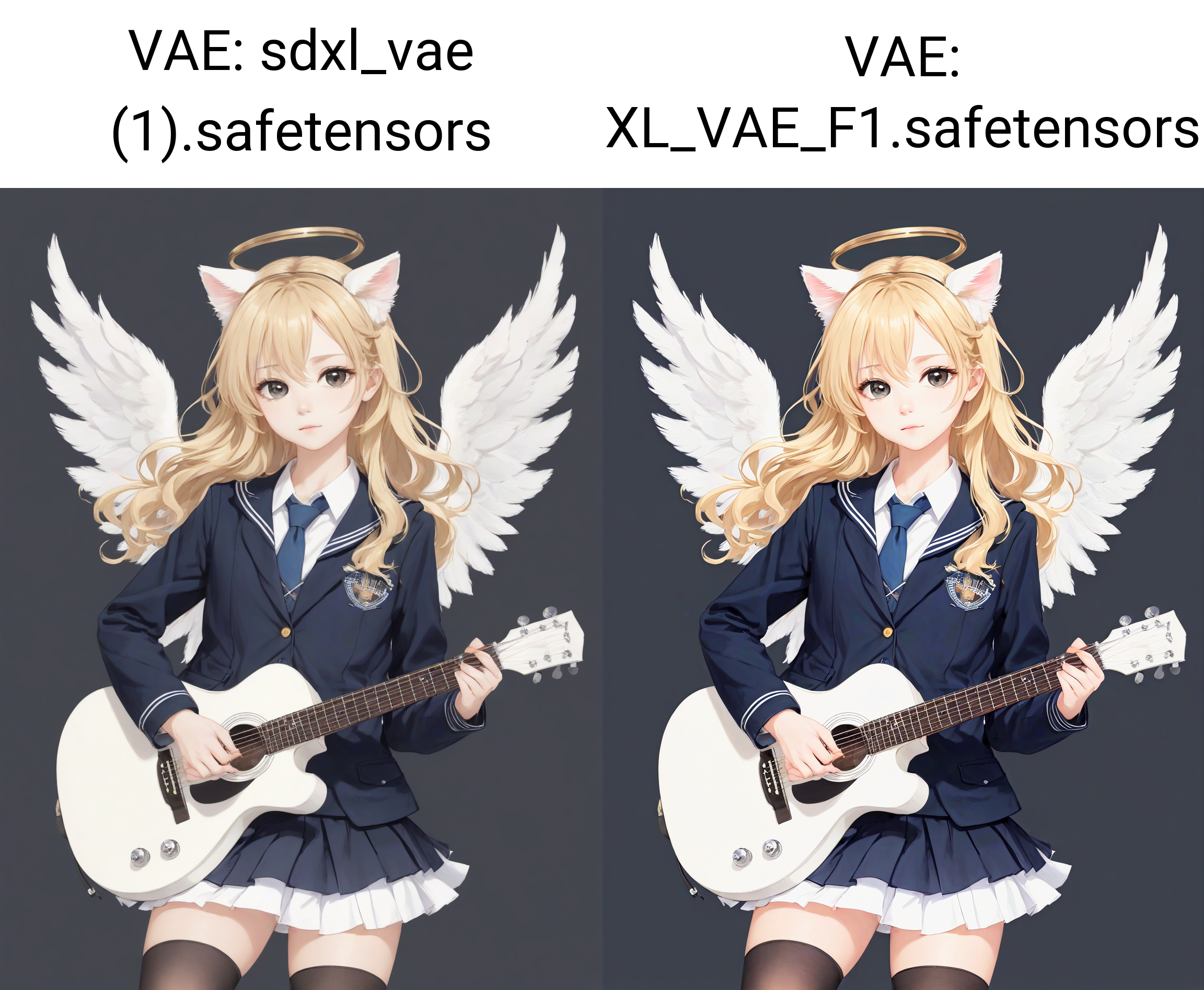 white background,semilong wavy blonde hair,angel wing,Angel Halo,full body,(school uniform:1.2),black thighhighs,cute,cat ears, white background,play the guitar