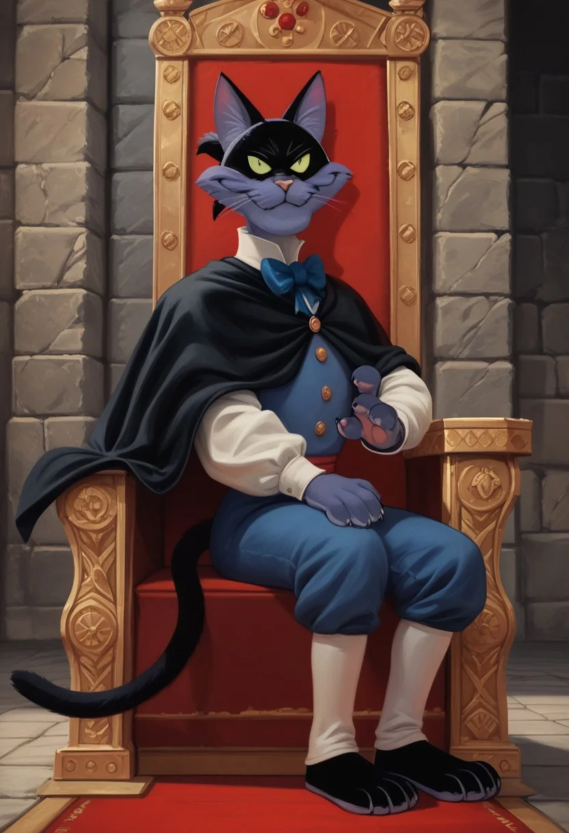 score_9, score_8_up, score_7_up, score_6_up, 1boy, hi_res, Fantomcat, cat, cat tail, cat anthro, Cartoon, detailed background, negative_hand, big eyes, 4fingers, 4k, ultra detailed, focus eyes, long cat legs, (medieval castle:1.4), indoors, standing, full body view, 3/4 side view, seductive smile, looking at viewer, black cloak, slim body, sitting on red throne