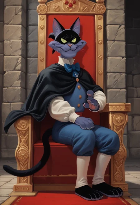 score_9, score_8_up, score_7_up, score_6_up, 1boy, hi_res, Fantomcat, cat, cat tail, cat anthro, Cartoon, detailed background, negative_hand, big eyes, 4fingers, 4k, ultra detailed, focus eyes, long cat legs, (medieval castle:1.4), indoors, standing, full body view, 3/4 side view, seductive smile, looking at viewer, black cloak, slim body, sitting on red throne