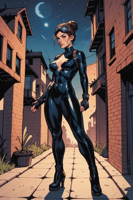 1girl, goggles, bodysuit, goggles on head, solo, hair bun, night, black bodysuit, breasts, brick wall, brown hair, full body, fingerless gloves, sky, outdoors, gloves, night sky, skin tight, medium breasts, latex, realistic, single hair bun, lips, from side, standing, black gloves, nose, a_Comic_Illustration, rough lines with ink, (drawn:1.1), (sketch:1.5), (crosshatching:1.25), (comic style:1.1), graphic novel style, sharp lines, hires, zstyle, (western comics \(style\):1.1), (hatching \(texture\):1.2), zPDXL, Mr_Monster_Possitive, <lora:Expressive_H:0.5>, score_9, score_8_up, score_8_up,
