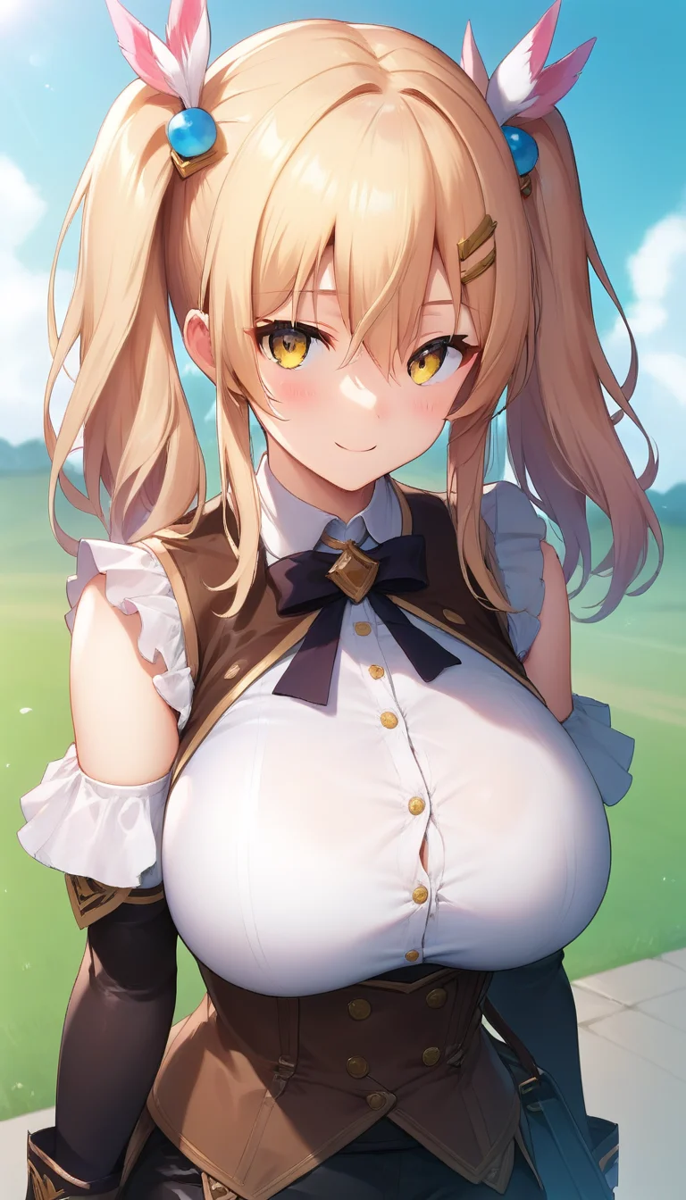 score_9,score_8_up,score_7_up,score_6_up BREAK official art,solo,outdoors,upper body,(portrait:1.5),looking at viewer,facing viewer,smile,blush,Atoha Fuka,long hair,twintails,hair ornament,hair between eyes,sidelocks,bangs,yellow eyes,capelet,brown vest,open vest,white shirt,frilled shirt,sleeveless shirt,buttons,black corset,huge breasts,skindentation,detached sleeves,black shorts,black thighhighs,loafers,<lora:Atoha Fuka-Pony:1.4>,