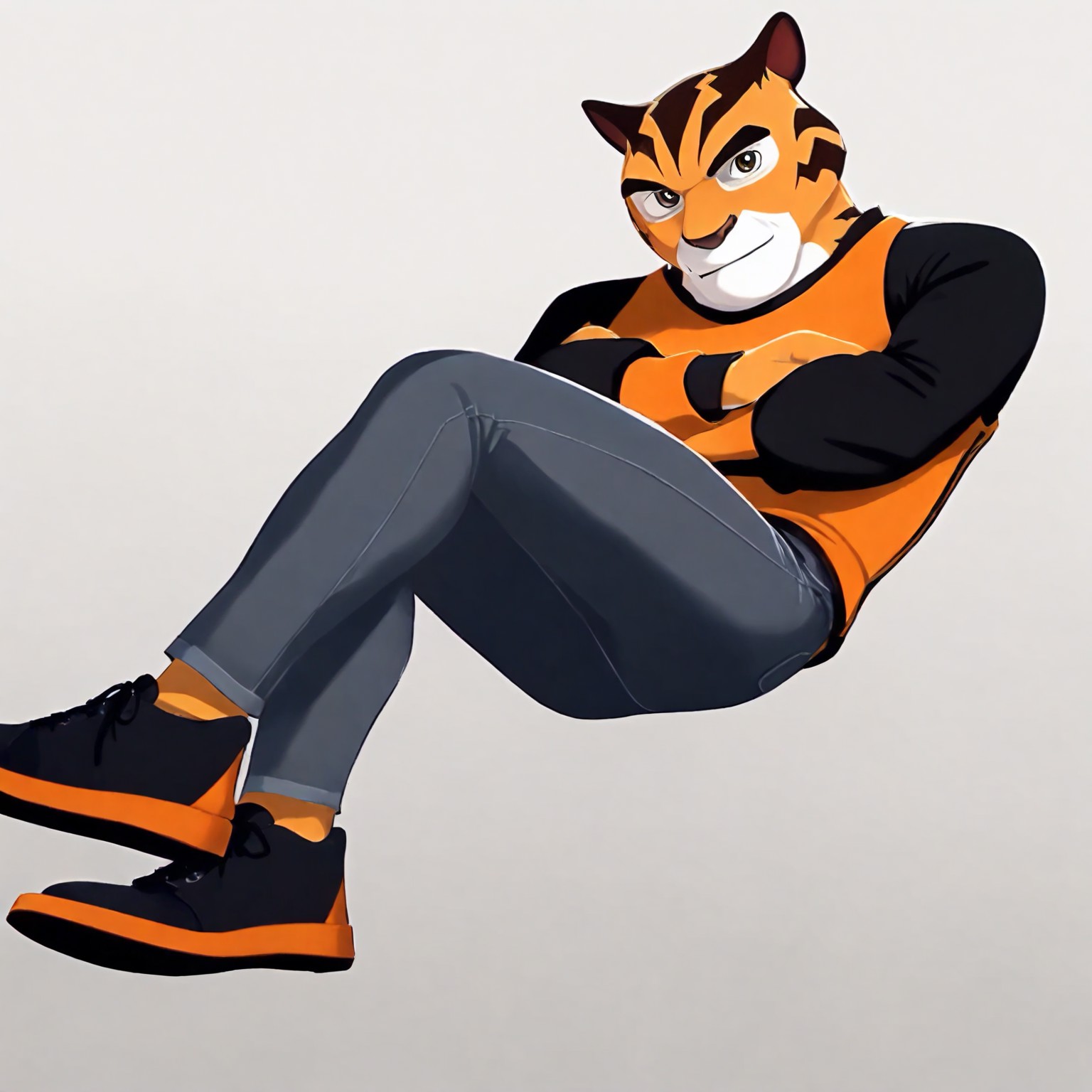 Tag, tiger boy, furry male, tiger ears, brown eyes, multicolored fur, white patches around eyes, white area on lower face that extends down neck, white palms, orange fur, brown stripes, thick eyebrows, blunt brown nose, tall, muscular, grey jeans, orange shirt, black sleeves, orange stripes that run down from shoulders, orange cuffs, black shoes with orange soles, arms crossed, masterpiece, best quality, amazing quality, male, looking at viewer, broad shoulders,