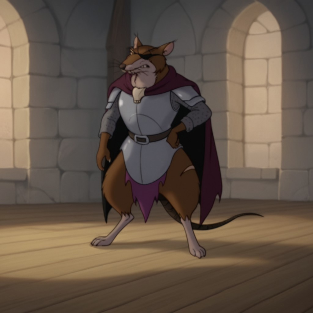 score_9, score_8_up, score_7_up, score_6_up, score_5_up, score_4_up, source_furry, ClunyRW, semi-anthro, male, rat, brown fur, jewelry, earring, purple cloak,  belt, purple tunic, short sleeves, torn clothes, eye patch, standing, inside, armor, breastplate, long sleeves, chainmail, yellow eye
