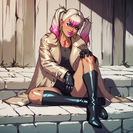 <lora:Dmitrys_Style_v2_PonyXL:0.8>, by dmitrys, dmitrys, score_9, score_8_up, score_7_up, score_6_up, score_5_up, score_4_up, source_anime, source_cartoon, rating_safe, 1girl, boots, coat, dyed-hair, eyeshadow, gloves, high heel boots, hoop earrings, lipstick, makeup, female, trenchcoat, twintails, detailed background, in a stream, knot sitting
