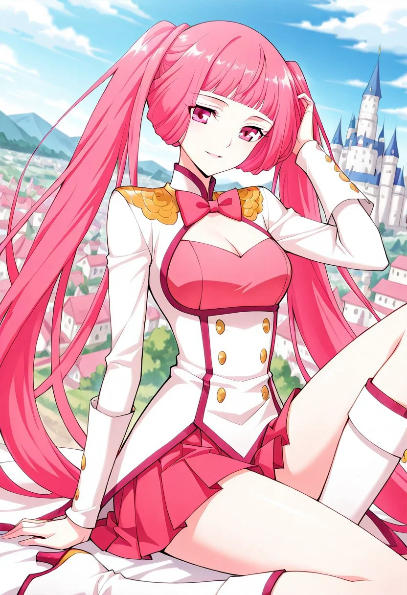 <lora:Nalan_Yanran:1>
1 girl, solo, pink hair, pink eyes, very long hair, twintails, bangs, blunt bangs, ponytail
white dress, cleavage, pink miniskirt, cleavage cutout, pink bow, pink bowtie, pleated skirt, high heels, clothing cutout, long sleeves, sailor collar, pink clothes chest
score_9, score_8_up, score_7_up, very aesthetic, source_anime, detailed, high quality, beautiful, masterpiece, detailed eyes, castle, village, blurry background, cityscape, pose dynamic angle, light smile, open mouth, hand on hair, sitting