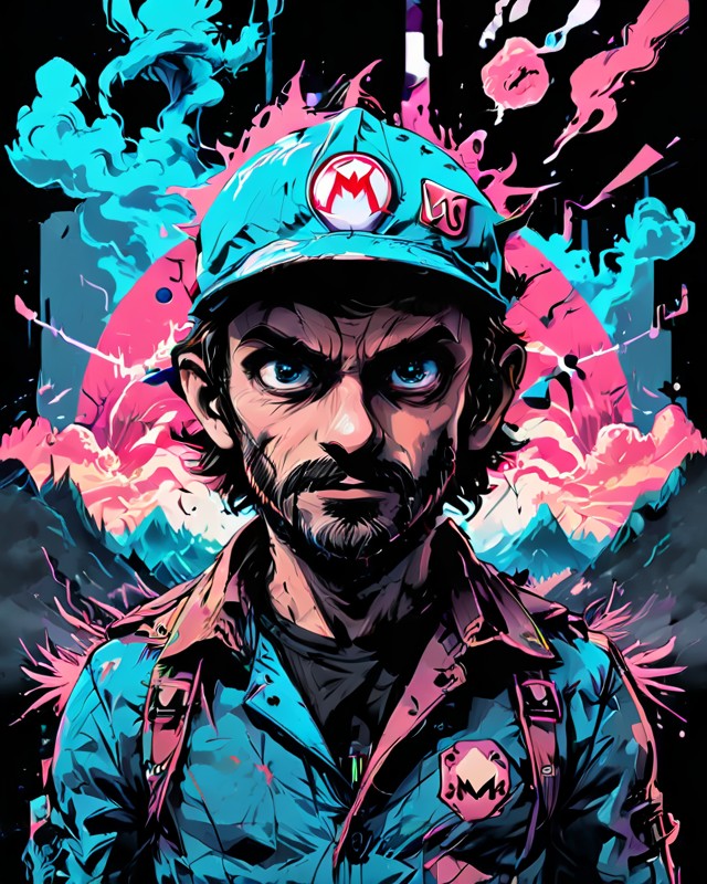 <lora:Dark_Novel:0.7> the super mario bros. movie, | synthwave, vaporwave, retro futurism, neon double exposure, vaporwave background, circuit board, dark futuristic, (masterpiece:1.2), best quality, high resolution textures
 OverallDetail-SDXL SkinHairDetail-SDXL SkinDetail-SDXL EyeDetail-SDXL
