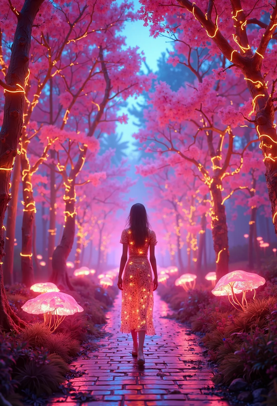 photorealistic, UHD, shot on a Sony A7III, realistic, hyper-realistic photography, soft lighting, heavy shadow. subsurface scattering, ray-tracing, volumetric lighting
Entire image in the color scheme of (ombre:1.5): neon pink, neon orange, neon purple, neon blue, white and black
mildly foggy enviroment.
A female walking through a forest made of (shiny:1.05) (reflective:1.15) (chrome:1.35) (metal_trees:1.6), the path she walks on are (made of glowing bricks,:1.15) small translucent holographic mushrooms on the ground dot the landscape. In the very far distance at the end of the path a gloomy flow like something burning awaits her discovery.
Her (neon and white colored:1.05) (full length:1.4) (lace dress:1.15) is a made from an array of (wires:1.25), (fiber optic glass filaments:1.15) and cords and that glow with neon bright lights. She wears (mary jane shoes:1.05) and (short white socks:1.05).
aesthetics feel like Alice in Wonderland meet Wizard of Oz