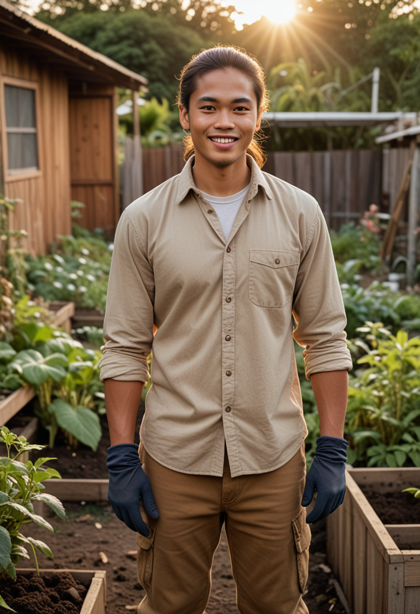 (medium full shot) of (robust farmer) young man, philippine, tan skin, light brown eyes, busty build, long hazel ponytail hair,  wearing a comfortable cotton shirt, comfortable pants, hiking boots, gloves, set in  Garden, Community Garden, various plots with different plants, gardeners working on their patches, a communal tool shed, a compost heap in the corner , at dawn, woman smiling, Masterpiece,best quality, photo, realistic, very aesthetic, detailed face,