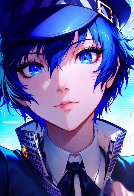 shirogane_naoto,persona,"shirogane naoto, persona","1girl, blue eyes, short hair, blue hair, cabbie hat", masterpiece, best quality, Good quality, very aesthetic, absurdres, newest, solo, long hair, looking at viewer, long sleeves, pearl \(gemstone\), upper body, close-up, <lora:ponyv4_noob1_2_adamW-000017:0.7> <lora:748cmSDXL:1> <lora:GBF_Illustrious:0.6>