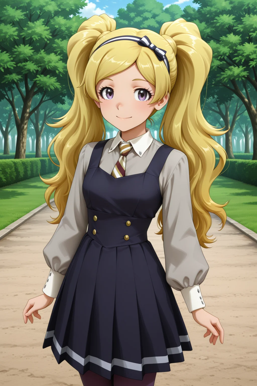 masterpiece, best quality, amazing quality, 1girl, solo, makeup, perspective, general, looking at viewer, cowboy shot, anime screencap, outdoors, cowboy shot, serene smile, <lora:Emily_Stewart_Million:1>, Emily_Stewart_Million, blonde hair, long hair, twintails, purple eyes, breasts, parted bangs, pinafore dress, pleated dress, blue dress, striped necktie, buttons, grey shirt, collared shirt, puffy long sleeves, purple pantyhose, black footwear, high heels, mary janes, bow hairband, <lora:wai-2Rectified-V140:1>, <lora:illustrious_noobai_epsilon_pred_1_masterpieces_v1:1>