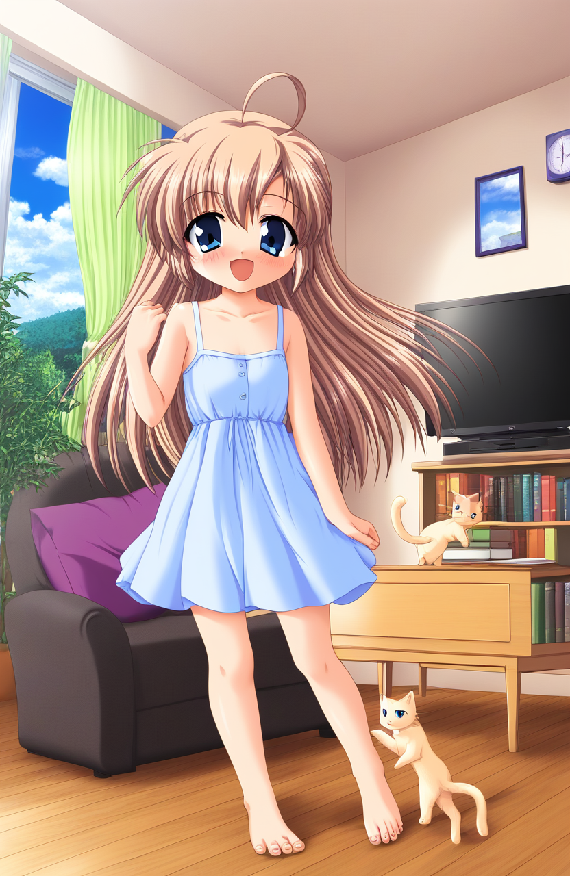 masterpiece, best quality, good quality, newest, <lora:Mizuki_Shiori_XL:1>Mizuki_Shiori, blue eyes, flat chest, brown hair, short stack, 
1girl, solo, barefoot, long hair, light blue dress, ahoge, blush, feet, smile, blonde hair, sundress,  open mouth,
window, scenery, chair, tree, wooden floor, book, curtains, television, table, couch, bag, indoors, shelf, bookshelf, plant, sky, day, door, bed, cloud, lamp, box, cat, desk