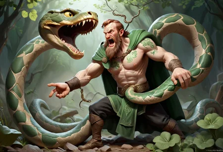 Saint Patrick wrestles with a huge snake, (((Celtic theme:1.2)))
He grabs the snake by the neck and trips up the snake neck, the snake is horrified and falls backward. Holding the serpent in his other hand. Masterpiece, ultra-realistic, ultra-detailed, concept art