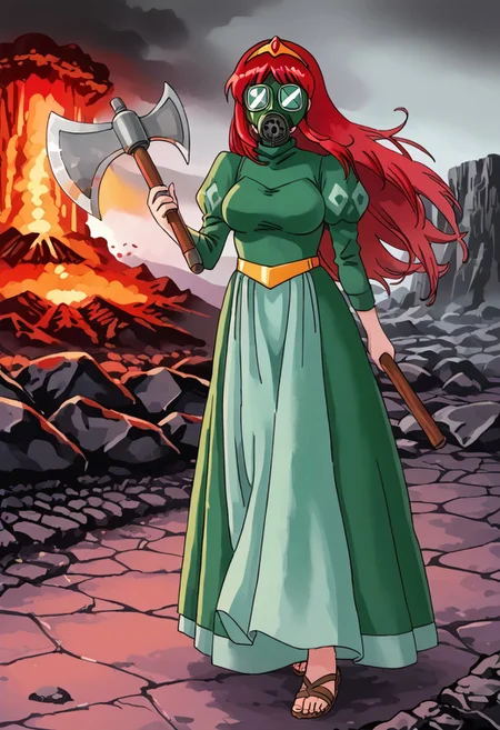 illustration, source_anime, anime coloring,volcano, smog, thick gray smoke, score_9, score_8_up, score_7_up, source_anime BREAK 1girl, solo,  (kaeli wearing gas mask), opaque eyewear,  final_fantasy, red hair, tiara, long hair, slit dress, sandals, long green dress, holding a large axe,  large breasts,  alert, outdoors, battle stance,  red skeleton, wolf cerberus, cracked floor, magma
