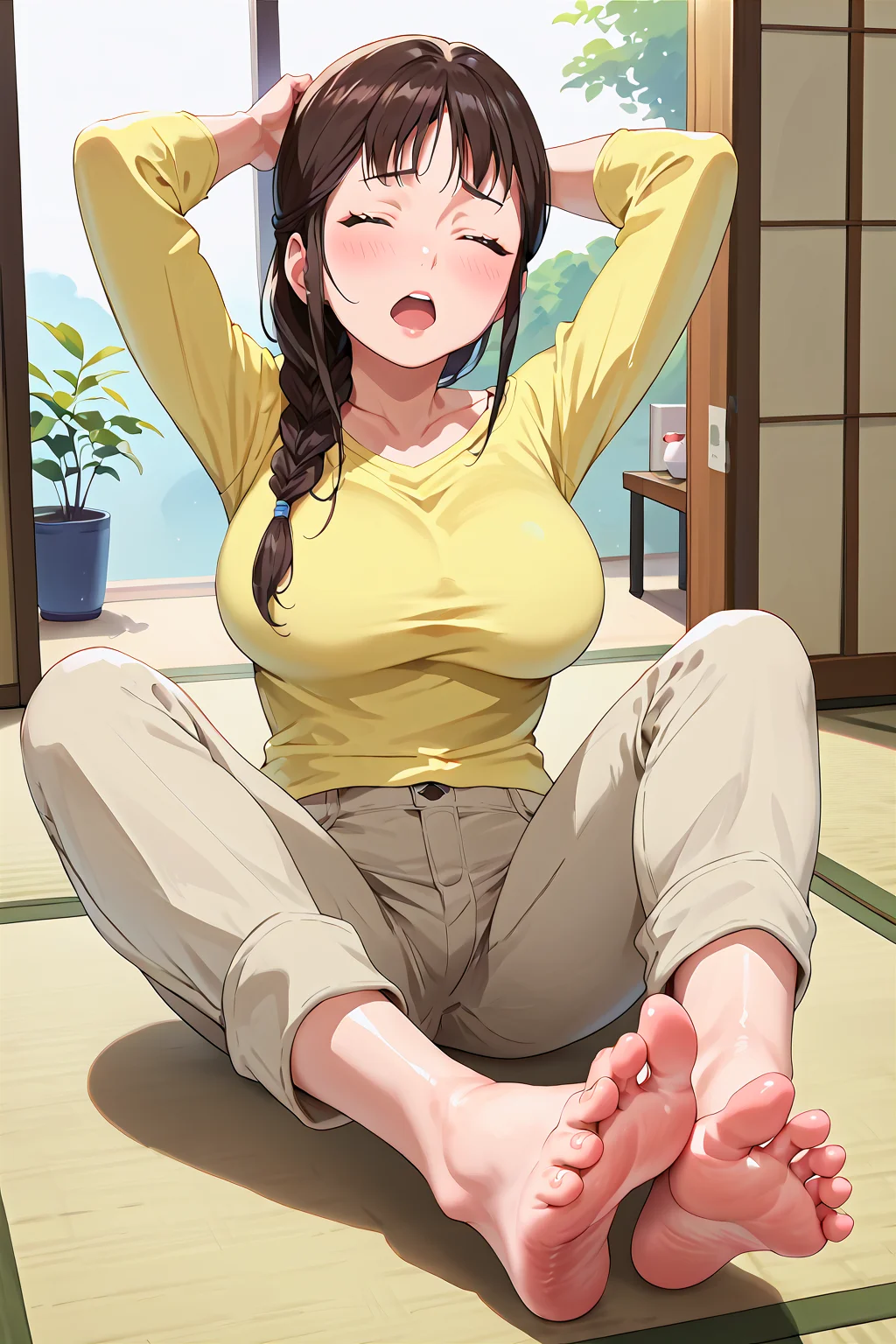 score_9, score_8_up, score_7_up, score_6_up, source_anime, segawamisato, 1girl, solo, , single braid, khaki pants, hair over shoulder, long hair, , large breasts, yellow shirt, brown hair, collarbone, long sleeves, blush <lora:segawamisato_pony3:1> on floor, sitting, barefoot, (feet focus:1.7),, tatami, stretching, closed eyes, , arms up, open mouth,