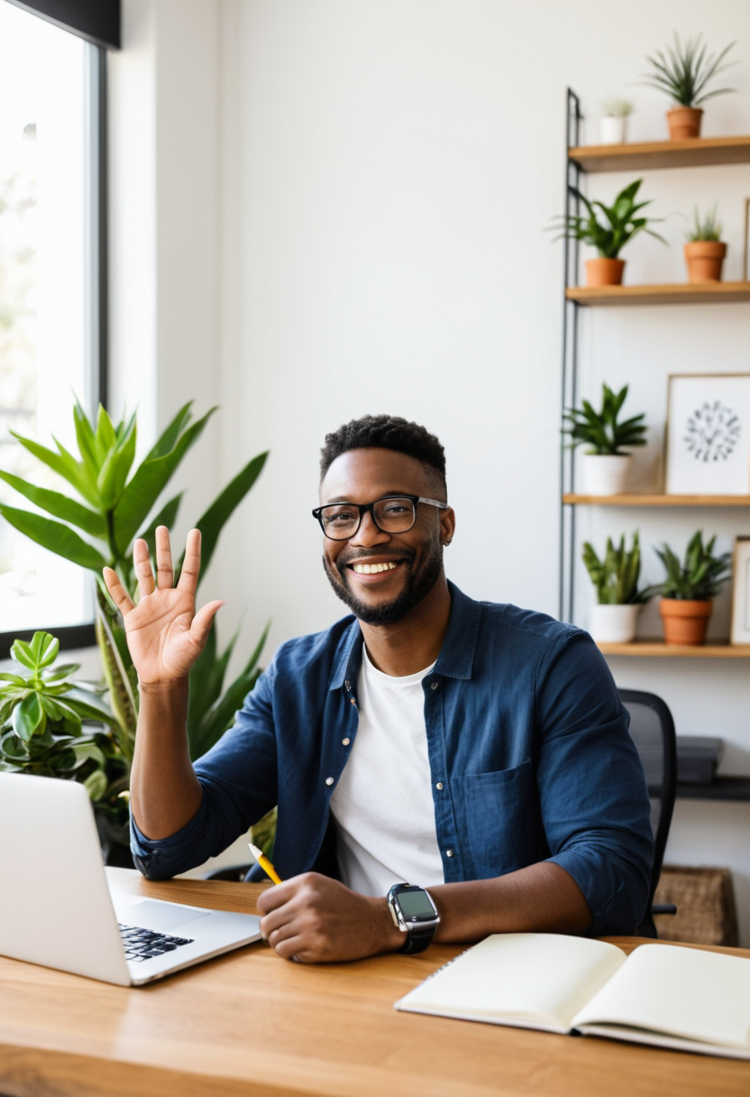 African American male, smiling, waving, eyeglasses, casual clothing, sitting at desk, laptop, home office, indoor, daylight, notebook, writing utensil, modern decor, house plants, bookshelf, natural lighting, cheerful expression, smartwatch, comfortable environment, clear focus, medium shot.