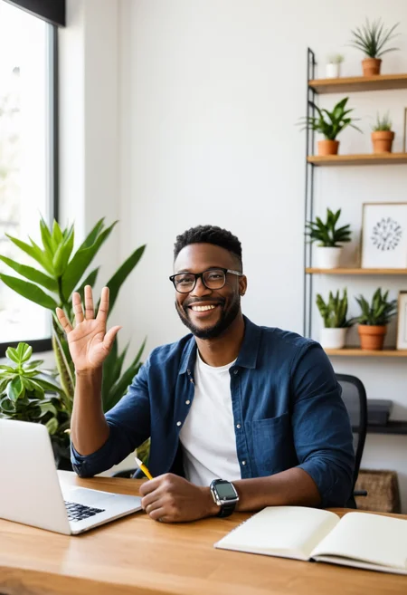 African American male, smiling, waving, eyeglasses, casual clothing, sitting at desk, laptop, home office, indoor, daylight, notebook, writing utensil, modern decor, house plants, bookshelf, natural lighting, cheerful expression, smartwatch, comfortable environment, clear focus, medium shot.
