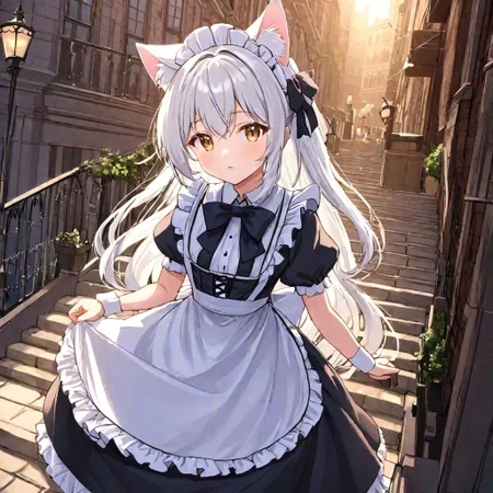 leogirl, anime style, anime style cat ears cute masterpiece best quality, (very high quality, beautiful image), (cat girl, white hair, cat ears), (victorian maid), (Gotham City)