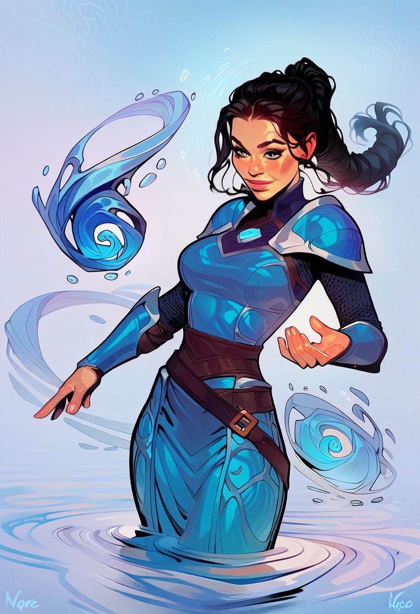 score_9, score_8_up, score_8, score_7_up, score_7, score_6_up, score_6, score_5_up, Score_5, rating_questionable, sexy girl, beautiful face, black hair , double ponytail hairstyle, soft smile , pretty , calm , water mage , powerful water mage , wearing blue water armor, magic , standing in water , intricate details , fantasy , water balls floating in air , face focus