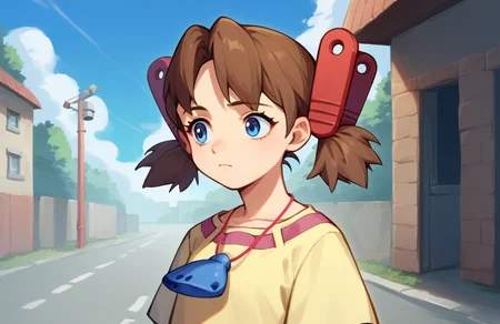 score_9, score_8_up, score_7_up, score_6_up, score_5_up, score_4_up, source_anime,
<lora:JosetteWonderProjectJ2byRR-10:1>, josettewpj2, brown hair, short hair, hair ornament, twintails, blue eyes, ocarina, jewerly, necklace, yellow dress, brown boots,
curious, :o
1girl, standing, upper body,
dynamic shot, outdoors, street, day,