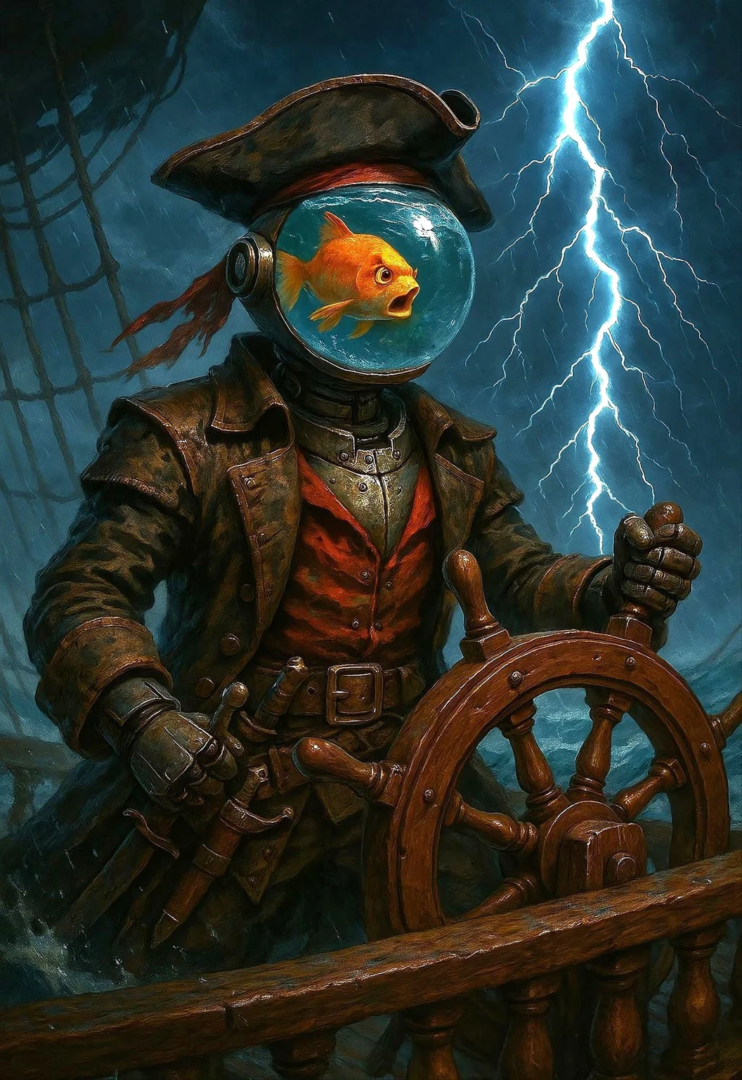 On the deck of a pirate ship, a humanoid android with round Aquarium with fish instead of head, guiding the vessel through stormy seas.
Dressed in a mix of rugged leather and pirate regalia, the warrior's belt bristles with weapons.
Lightning flashes across the sky, illuminating the rabbit's fierce expression as it steers the ship through the tempest,
ever vigilant against the perils of the deep, bright and contrast scenery, good lighted, vibrant colors,
clear image, accurate picture, clear picture, precise image, focused image.