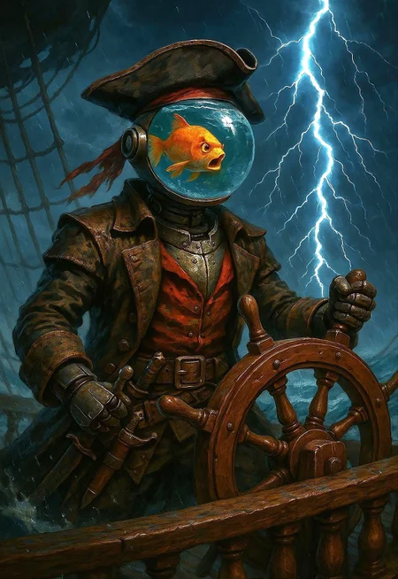 On the deck of a pirate ship, a humanoid android with round Aquarium with fish instead of head, guiding the vessel through stormy seas.
Dressed in a mix of rugged leather and pirate regalia, the warrior's belt bristles with weapons.
Lightning flashes across the sky, illuminating the rabbit's fierce expression as it steers the ship through the tempest,
ever vigilant against the perils of the deep, bright and contrast scenery, good lighted, vibrant colors,
clear image, accurate picture, clear picture, precise image, focused image.