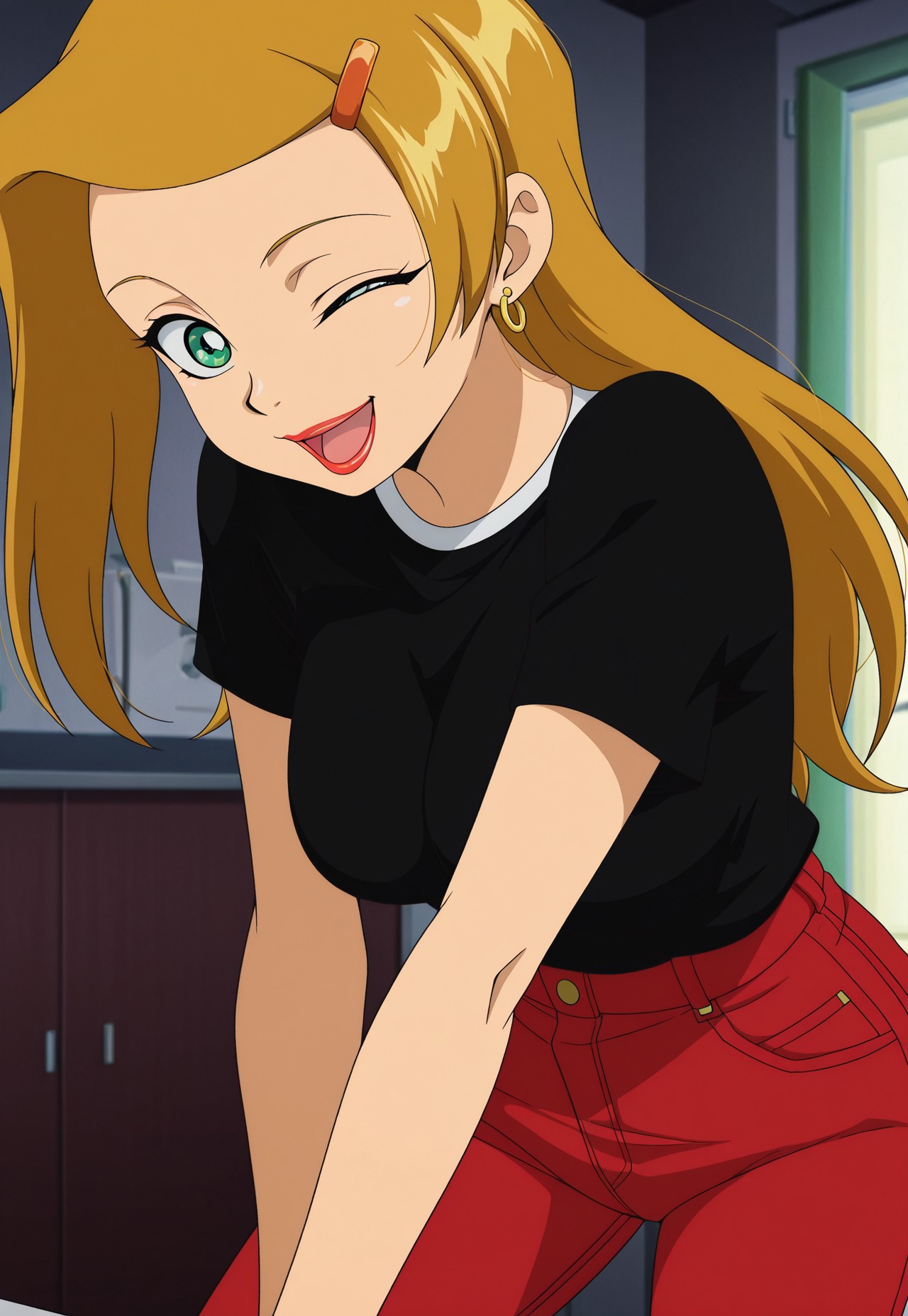 masterpiece, best quality, amazing quality, amazing quality,very aesthetic,absurdres,best quality,newest,masterpiece, breasts, anime screencap, anime artstyle, winking, happy, breasts, anime screencap, anime coloring,safe_pos, safe_pos, score_9, score_8_up, score_7_up,chaotic, sarah laurence, long hair, green eyes, jewelry, lipstick, hair ornament, hairclip, earrings, blonde hair,  shirt, red jeans