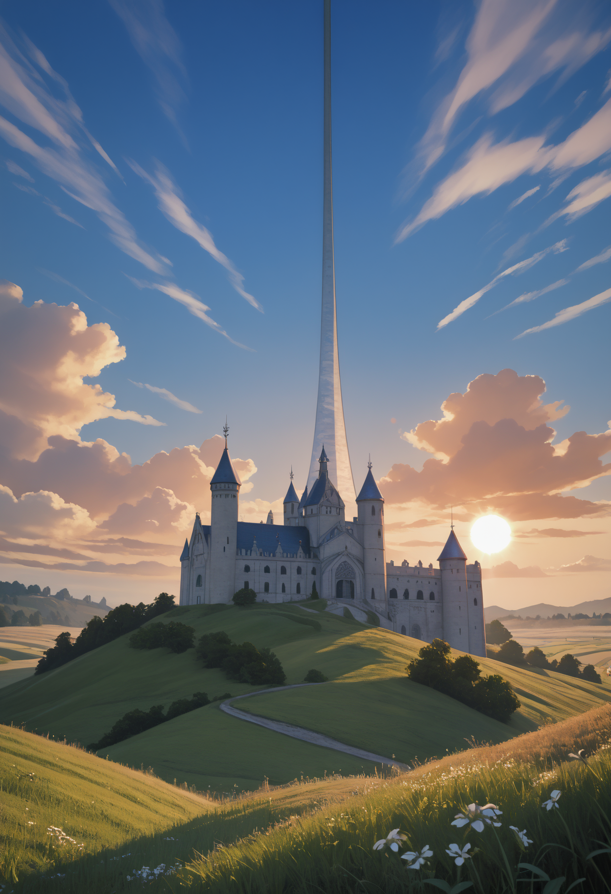 score_9, score_8_up, score_7_up, source_anime BREAK  <lora:haloring-halo-richy-v1_pdxl:1> hlrng, horizon, field, sun, blue sky, castle, fantasy, medieval, mansion
