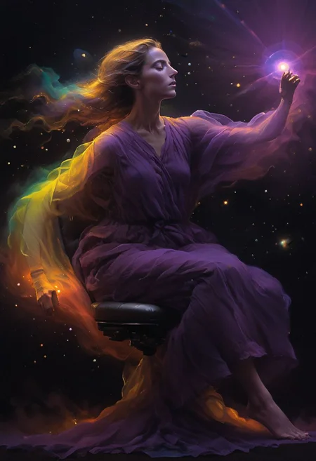 super closeup portrait, Capturing the essence of cosmic serenity and earthly vigor, depict a woman suspended in her office chair amidst the vast expanse of space. Her surroundings are a vibrant mix of colors, with deep blacks contrasting against vivid hues. In the distance, translucent planets in shades of purple and dark yellow add to the surreal atmosphere. Her long hair billows freely in the weightlessness of space, embodying a sense of boundless freedom and graceful motion.
deep Blacks, very detailed, atmospheric haze, Film grain, cinematic film still, shallow depth of field, highly detailed, high budget, cinemascope, moody, epic, OverallDetail, 2000s vintage RAW photo, photorealistic, candid camera, color graded cinematic, eye catchlights, atmospheric lighting, imperfections, natural, shallow dof